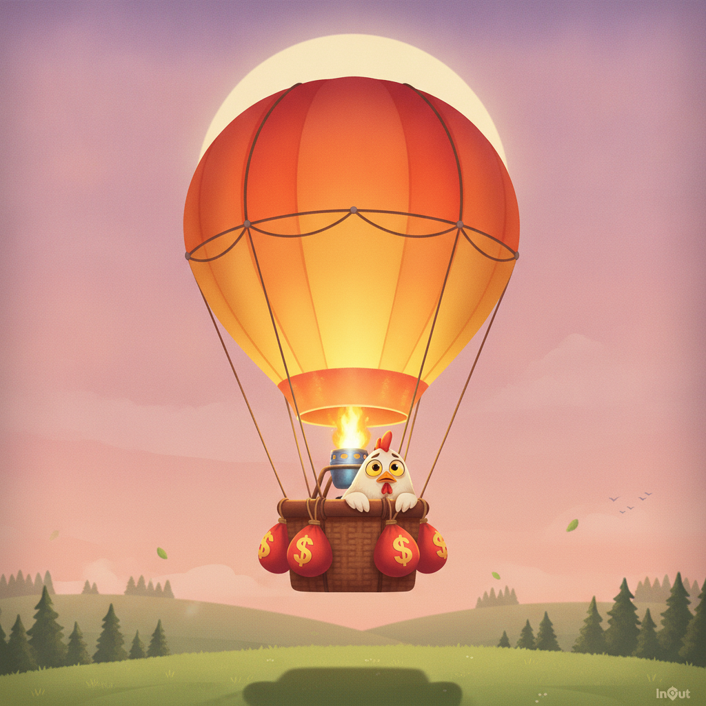 BalloniX mongolfiera dorata con pilota gallina cartoon su paesaggio crepuscolare con colline verdi e cielo viola rosa