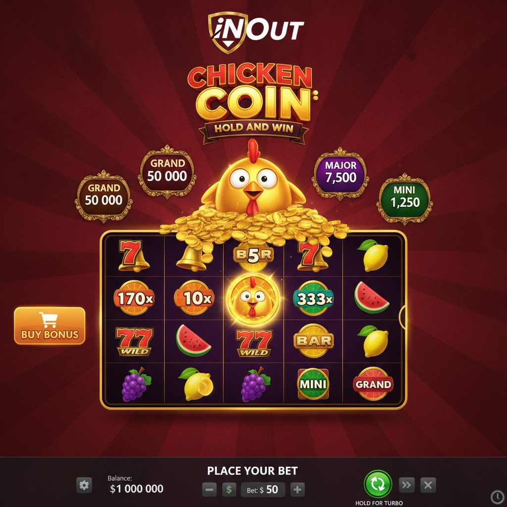 Chicken Coin Hold and Win slot - gallina dorata su pile di monete con jackpot Grand Major Minor e Mini, griglia 3x4 con simboli bonus coin e super chicken coin