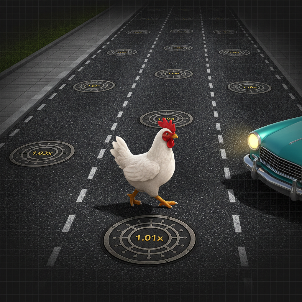 Chicken Road 2: pollo bianco con cresta rossa che attraversa 6 corsie stradali con moltiplicatori da 1.01x a 1.19x