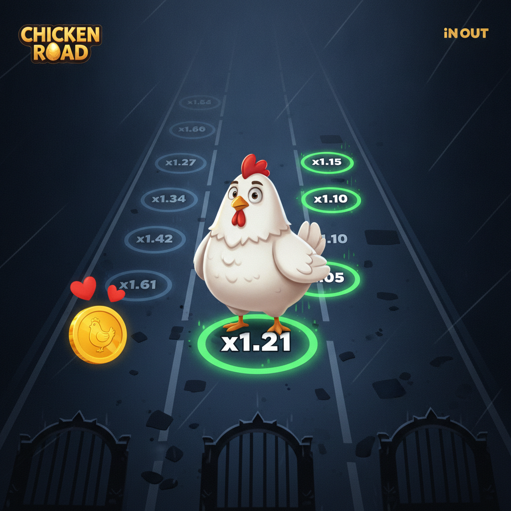 Chicken Road Bonus slot con pollo bianco che attraversa corsie stradali illuminate da cerchi moltiplicatori verdi e dorati su sfondo blu scuro con uova bonus dorate