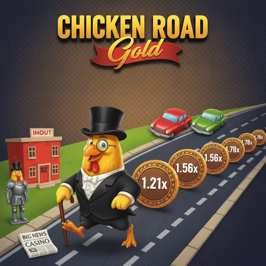 Chicken Road Gold: pollo elegante con cilindro e monocolo attraversa strada con monete moltiplicatore dorate e auto d'epoca