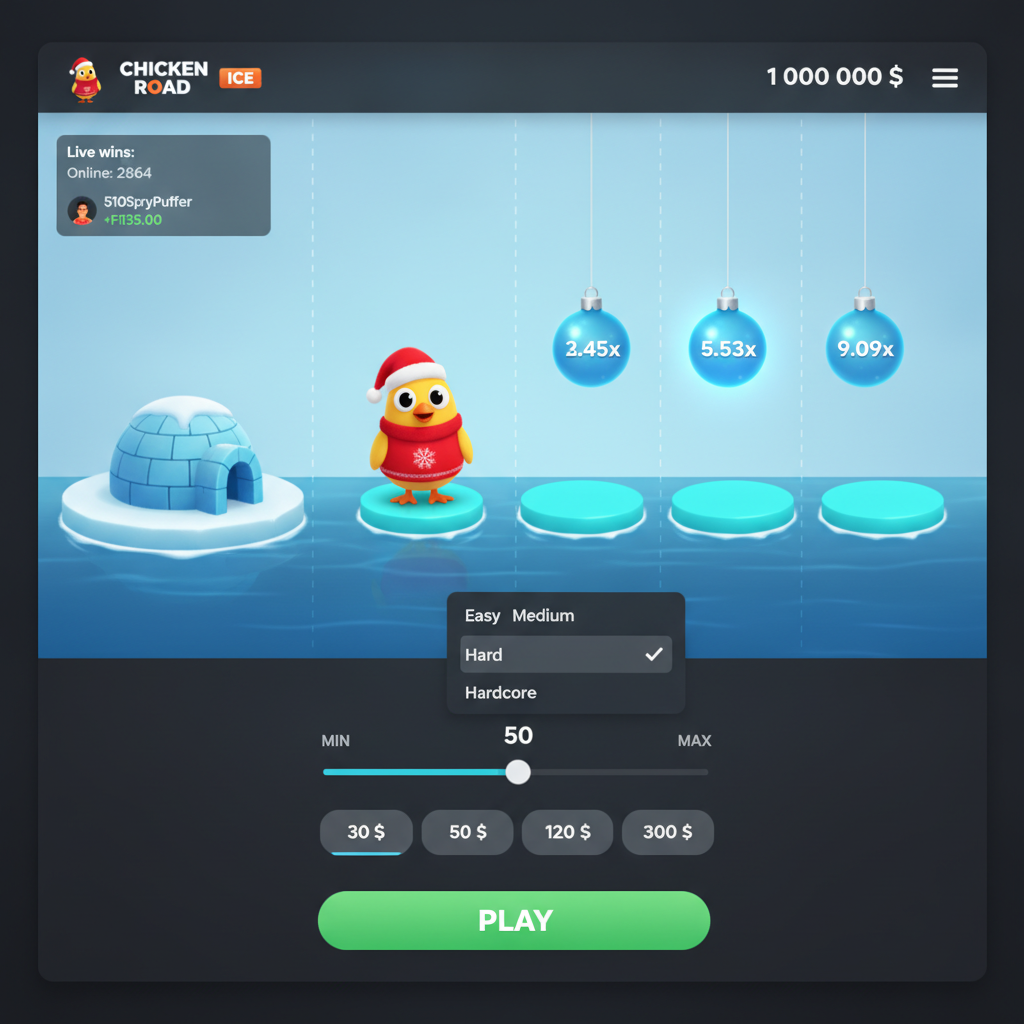 Chicken Road Ice: gallina con cappello natalizio attraversa piattaforme di ghiaccio sull'acqua artica con moltiplicatori appesi come palline di Natale blu, igloo sulla sinistra
