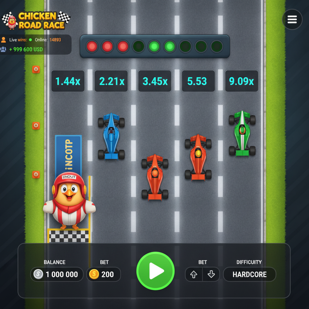 Chicken Road Race slot game con pollo mascotte in casco rosso su pista da corsa vista dall'alto con auto formula 1 colorate e moltiplicatori progressivi