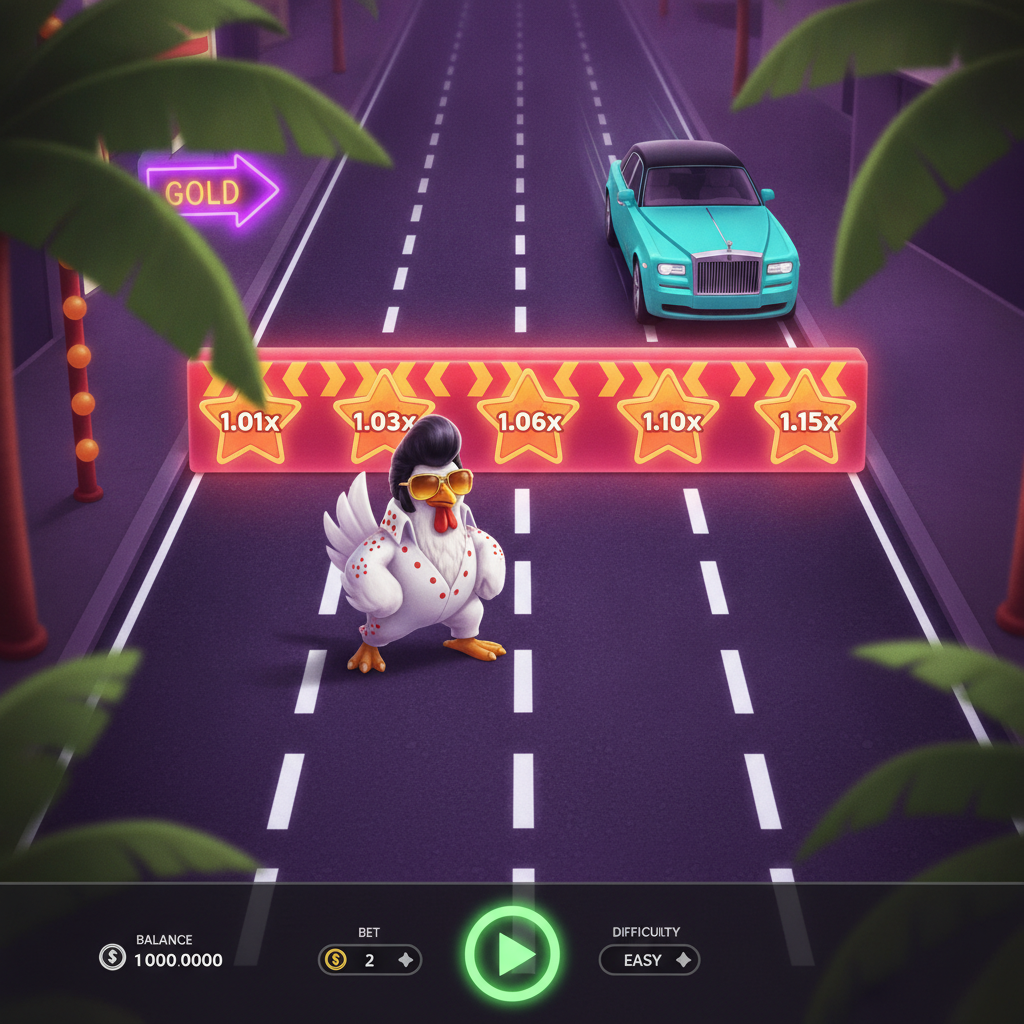 Chicken Road Vegas slot crash con pollo Elvis che attraversa la strada tra auto di lusso con moltiplicatori arancioni su sfondo viola neon Las Vegas