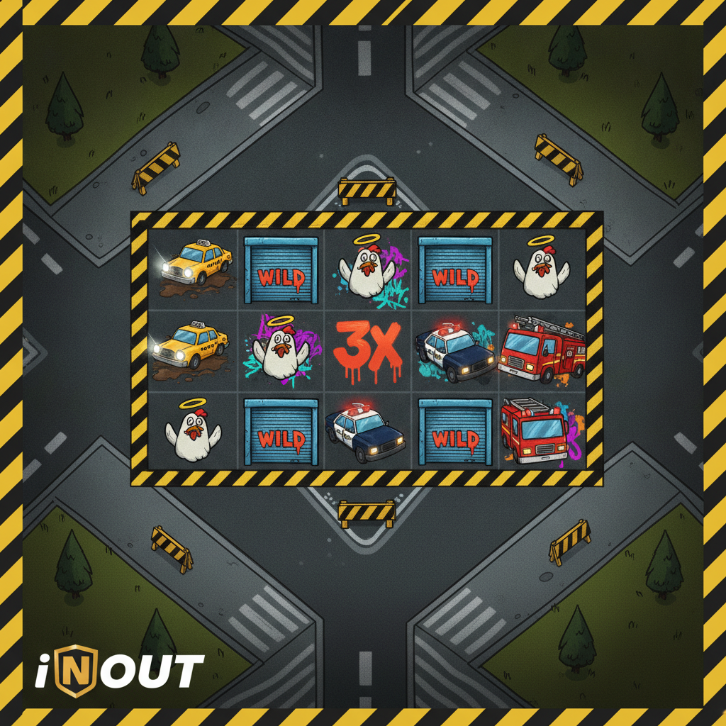 Chicken Royal slot game con tema street art urbano, griglia 5x3, simboli Wild garage door blu, taxi giallo, polizia, pompieri e pollo cartoon con aureola sullo sfondo di strade cittadine