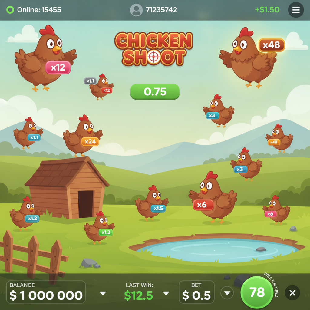 Chicken Shoot slot game con polli cartoon che trasportano moltiplicatori su una fattoria colorata con recinto di legno e stagno